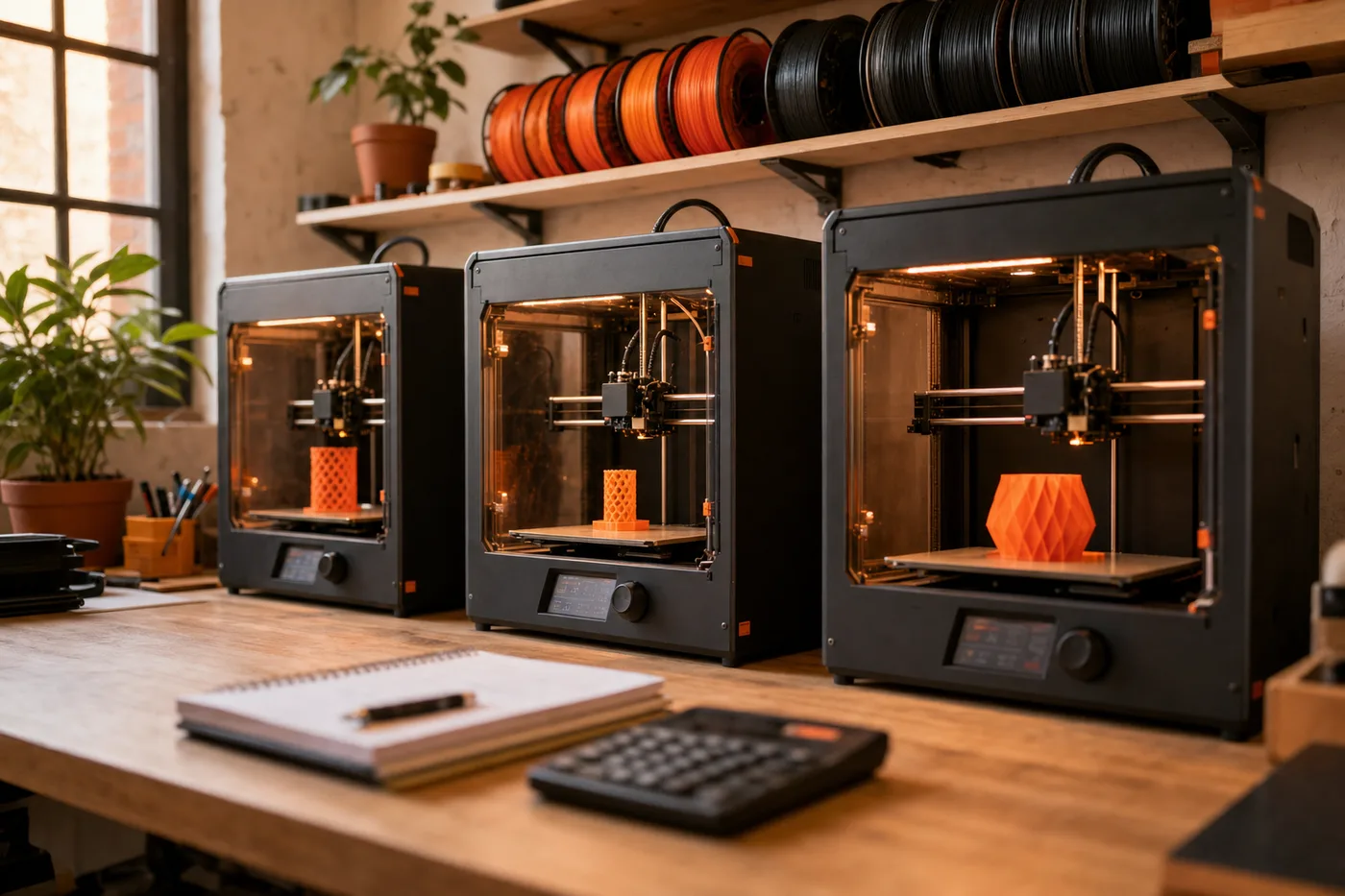 Três impressoras 3D rodando lado a lado em um print shop