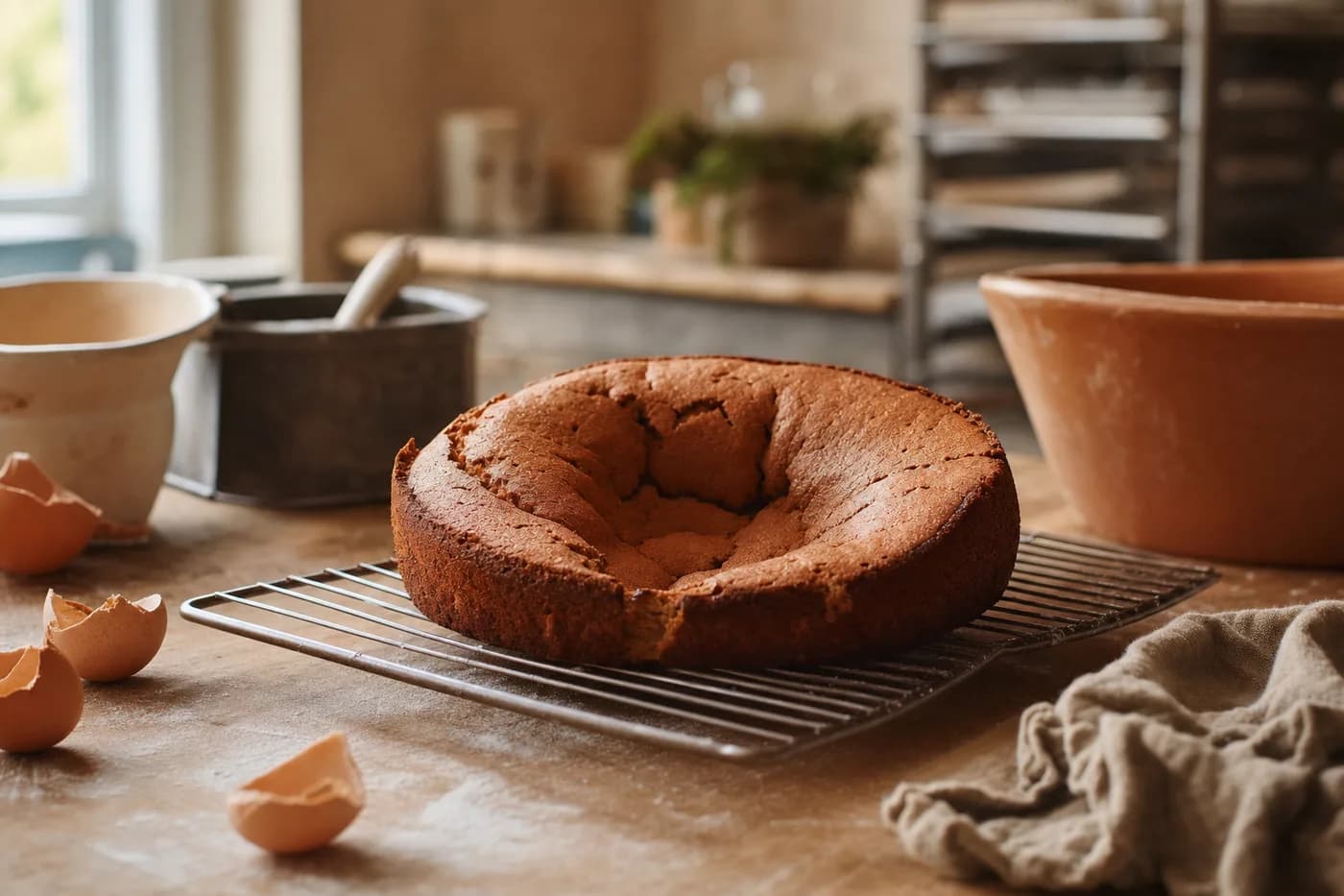 Um bolo que afundou e falhou no forno, ingredientes e horas perdidos