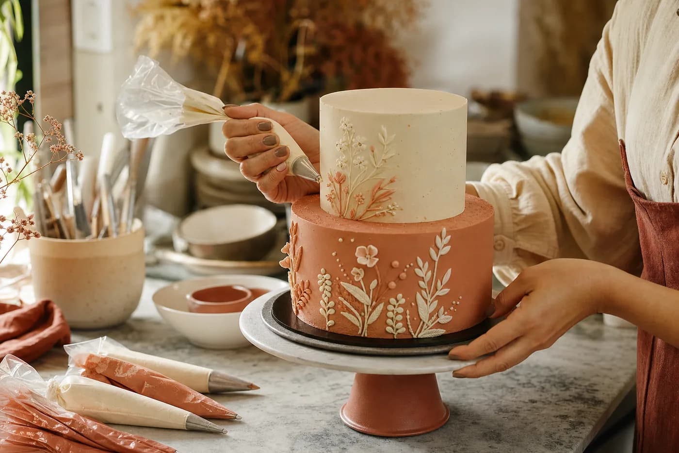 Detalhamento de custo de um bolo decorado no CrafterBy — ingredientes, mão de obra, forno e custos gerais, separados.
