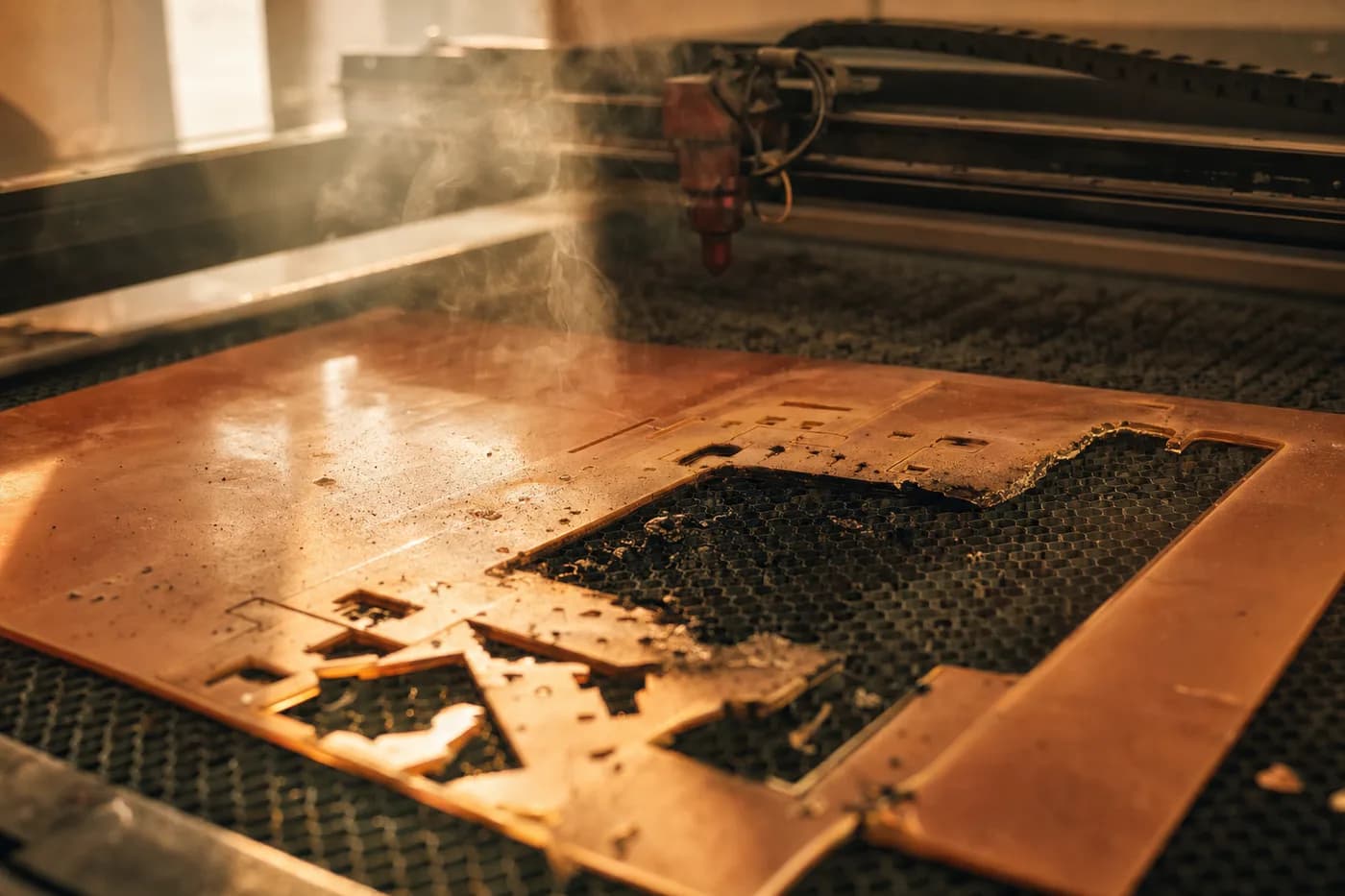 Uma peça a laser queimada, com bordas carbonizadas, perdida na mesa da máquina