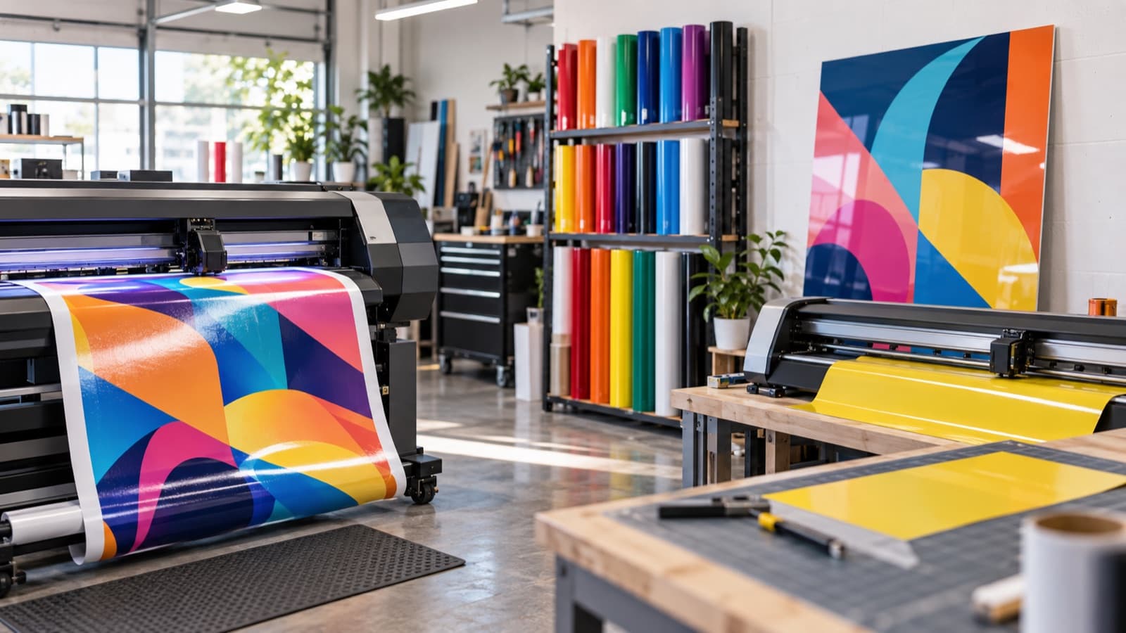 Uma impressora de grande formato e uma plotter de recorte produzindo uma placa personalizada de loja.