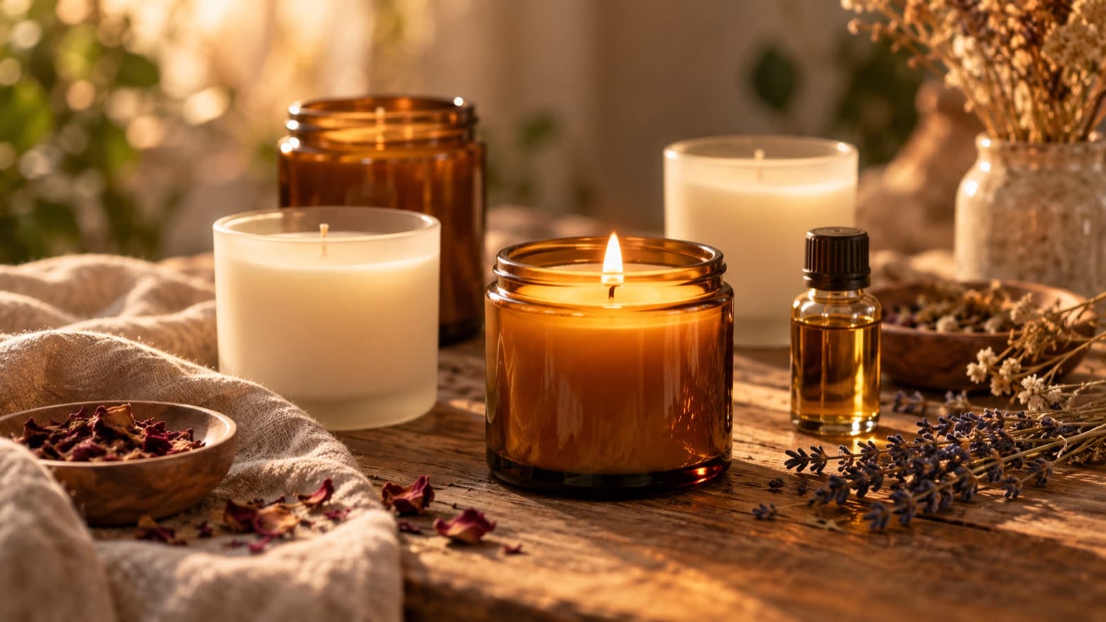 Velas artesanais em potes de vidro sobre uma bancada, com cera e frascos de fragrância.