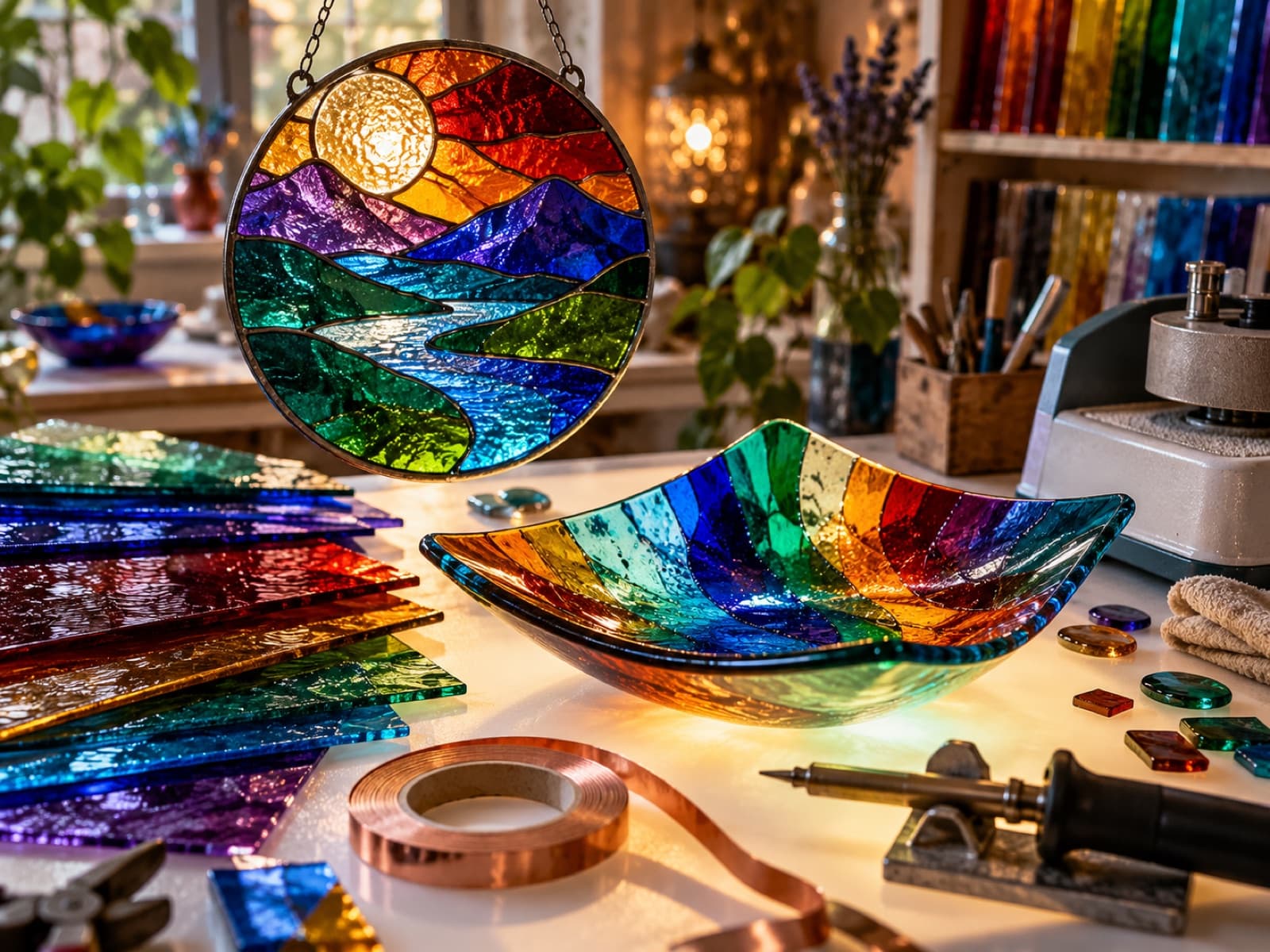 Um suncatcher de vitral e chapas de vidro colorido sobre uma mesa de luz.