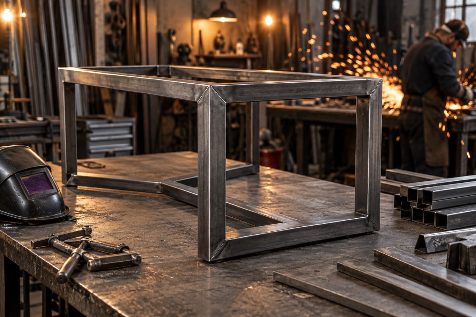 Uma oficina de fabricação em metal com barras de aço, faíscas de uma esmerilhadeira e uma estrutura soldada.