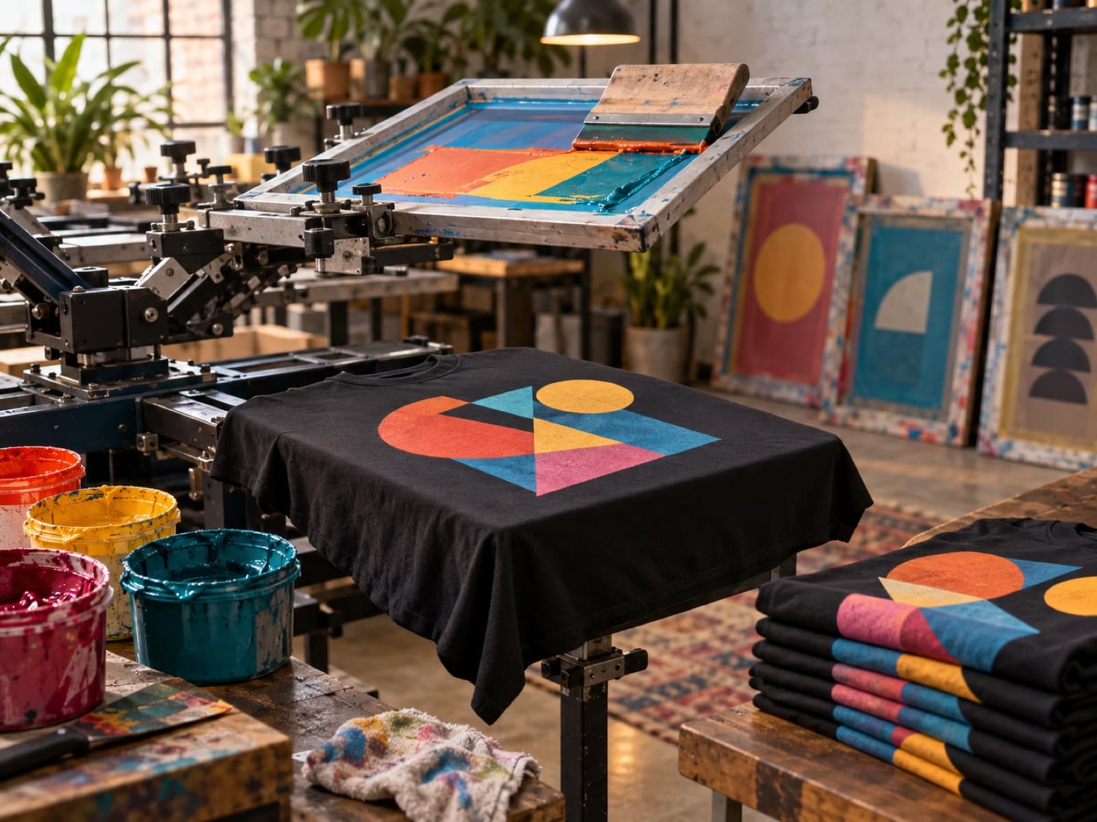 Uma prensa de serigrafia com uma camiseta recém-impressa e rodos de tinta.