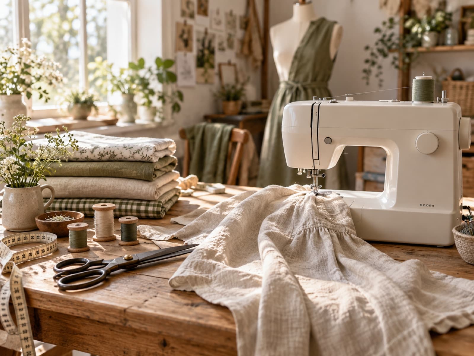 Um ateliê de costura com tecido, uma peça em um manequim de costureira e uma máquina sobre a mesa.